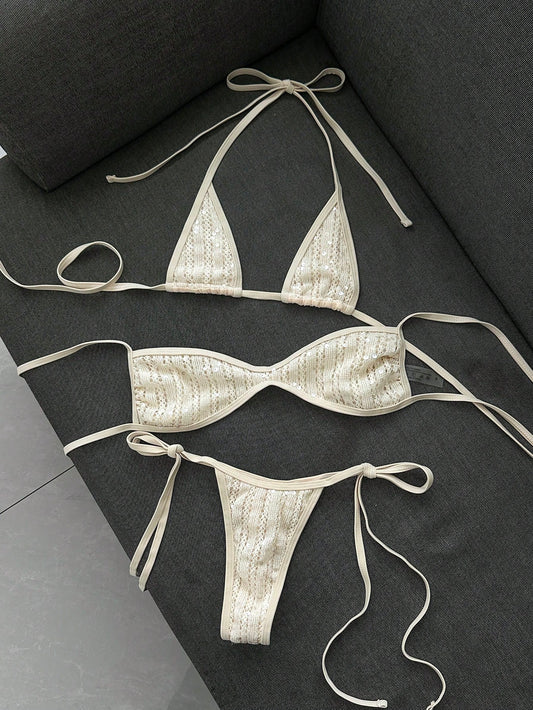 Swim Vcay 3-Piece Set Summer Vacation Beach Baseball Pattern Textured Fabric Halter Triangle Cup Bikini Top, Halter Bandeau Top And Side Tie Bikini Bottom Sexy Women's Swimwear