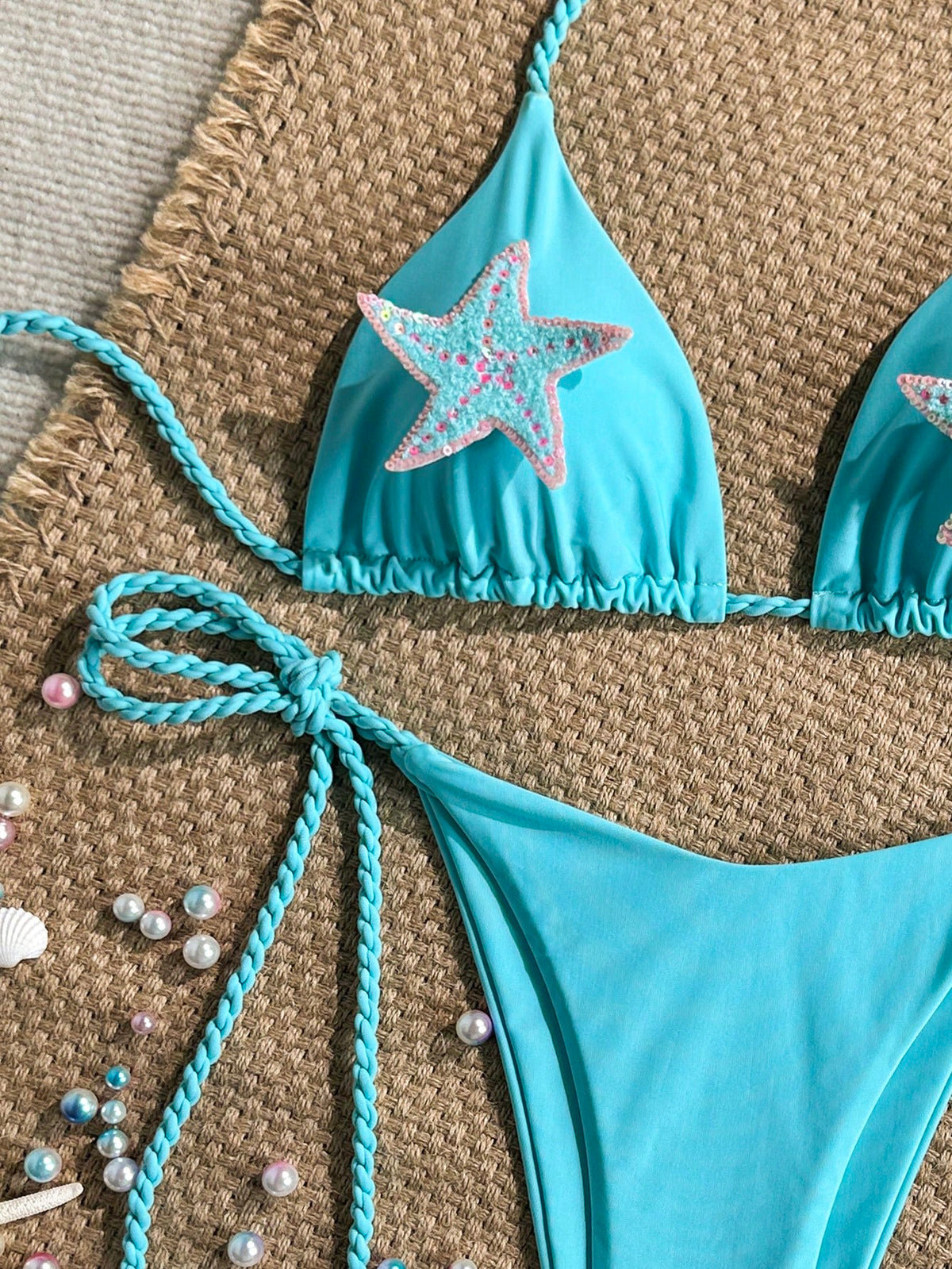 Swim Vcay-D 2pcs Spring/Summer Beach Vacation Solid Color Braided Rope Sequin Starfish Decor Halter Triangle Bikini Top And Side Tie Bikini Bottom Sexy Women's Swimsuit Set
