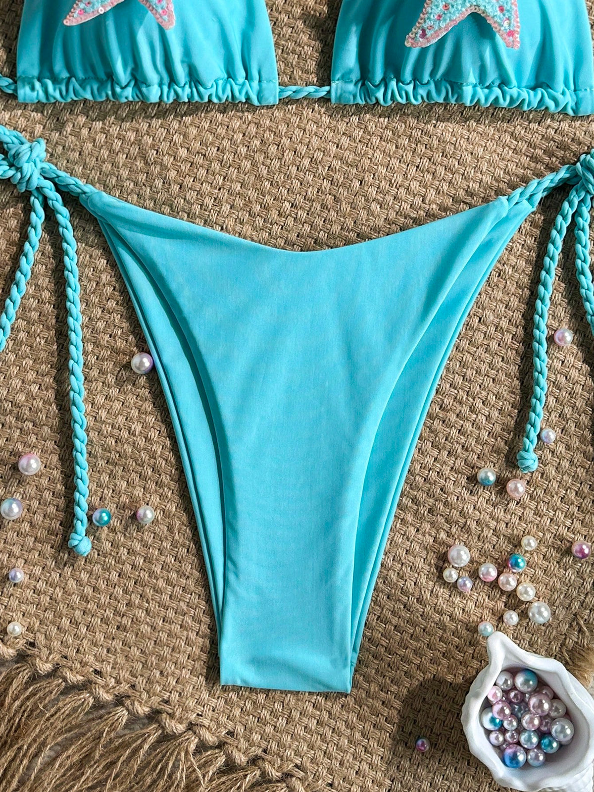 Swim Vcay-D 2pcs Spring/Summer Beach Vacation Solid Color Braided Rope Sequin Starfish Decor Halter Triangle Bikini Top And Side Tie Bikini Bottom Sexy Women's Swimsuit Set