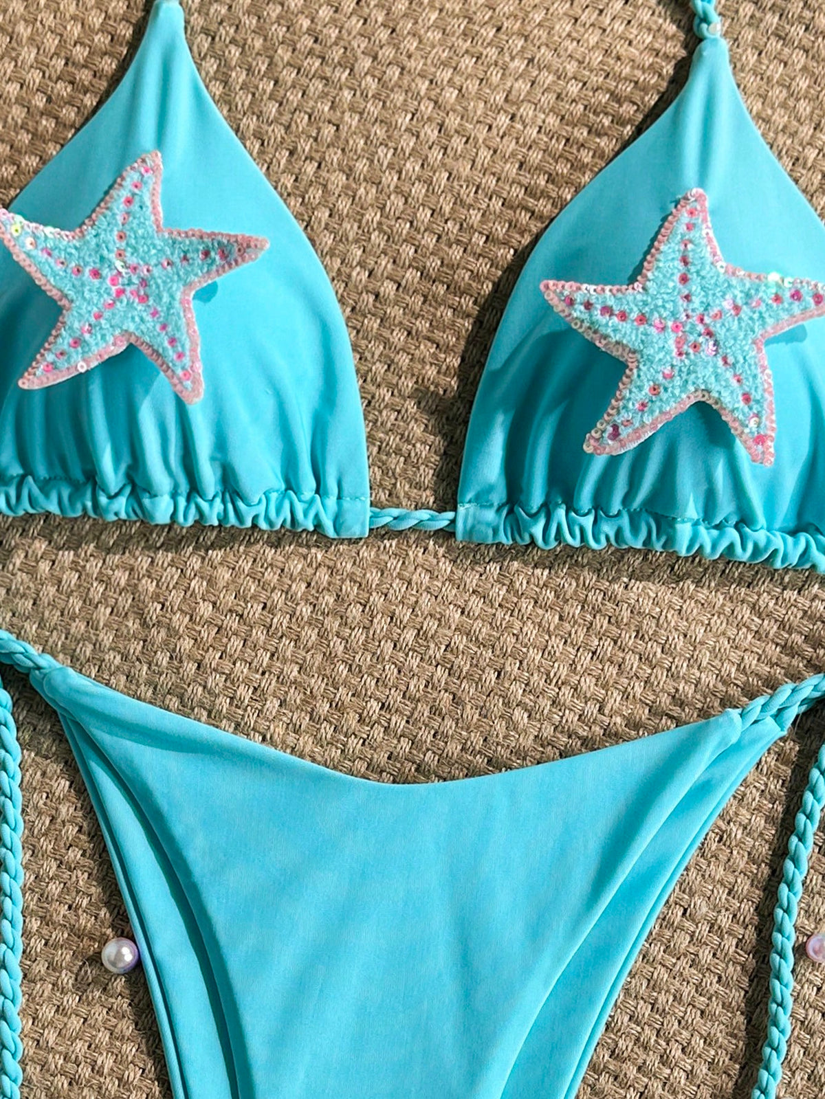 Swim Vcay-D 2pcs Spring/Summer Beach Vacation Solid Color Braided Rope Sequin Starfish Decor Halter Triangle Bikini Top And Side Tie Bikini Bottom Sexy Women's Swimsuit Set