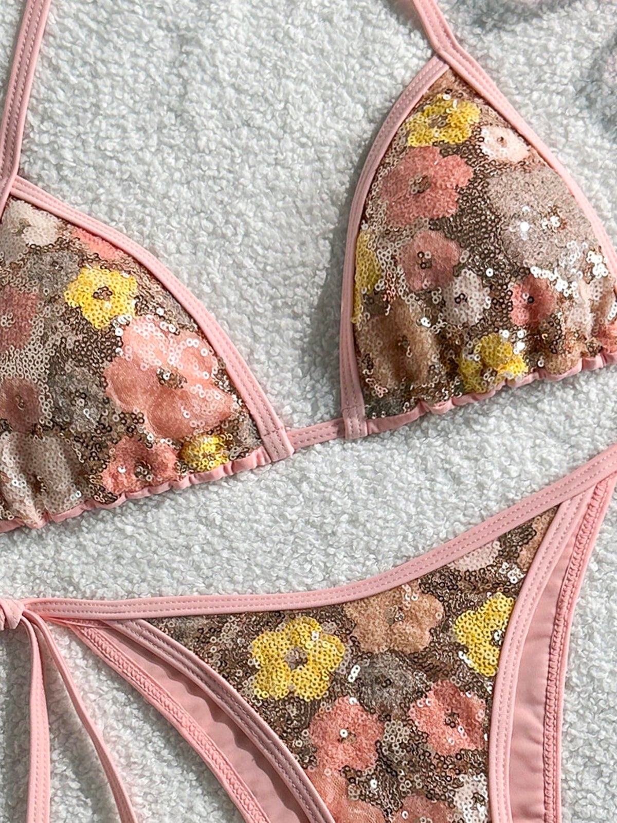 Swim Vcay-D 2pcs Spring/Summer Beach Vacation Solid Color Braided Rope Sequin Starfish Decor Halter Triangle Bikini Top And Side Tie Bikini Bottom Sexy Women's Swimsuit Set