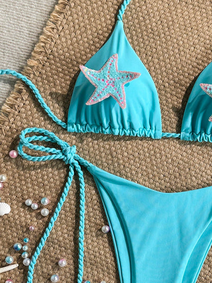 Swim Vcay-D 2pcs Spring/Summer Beach Vacation Solid Color Braided Rope Sequin Starfish Decor Halter Triangle Bikini Top And Side Tie Bikini Bottom Sexy Women's Swimsuit Set
