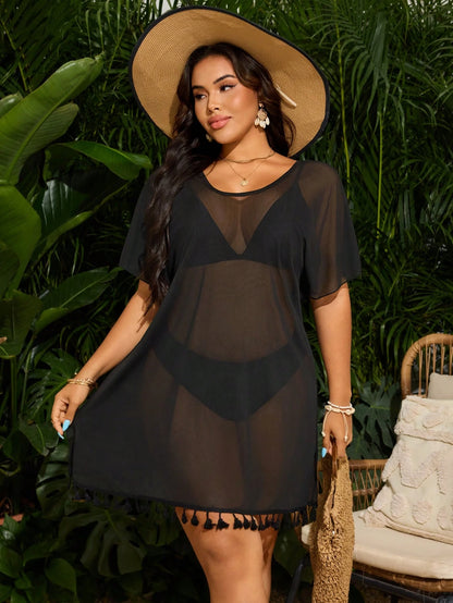 Swim Vcay Plus Size Beach Cover Up Kimono With Tassel Trim For Summer Beach Vacation