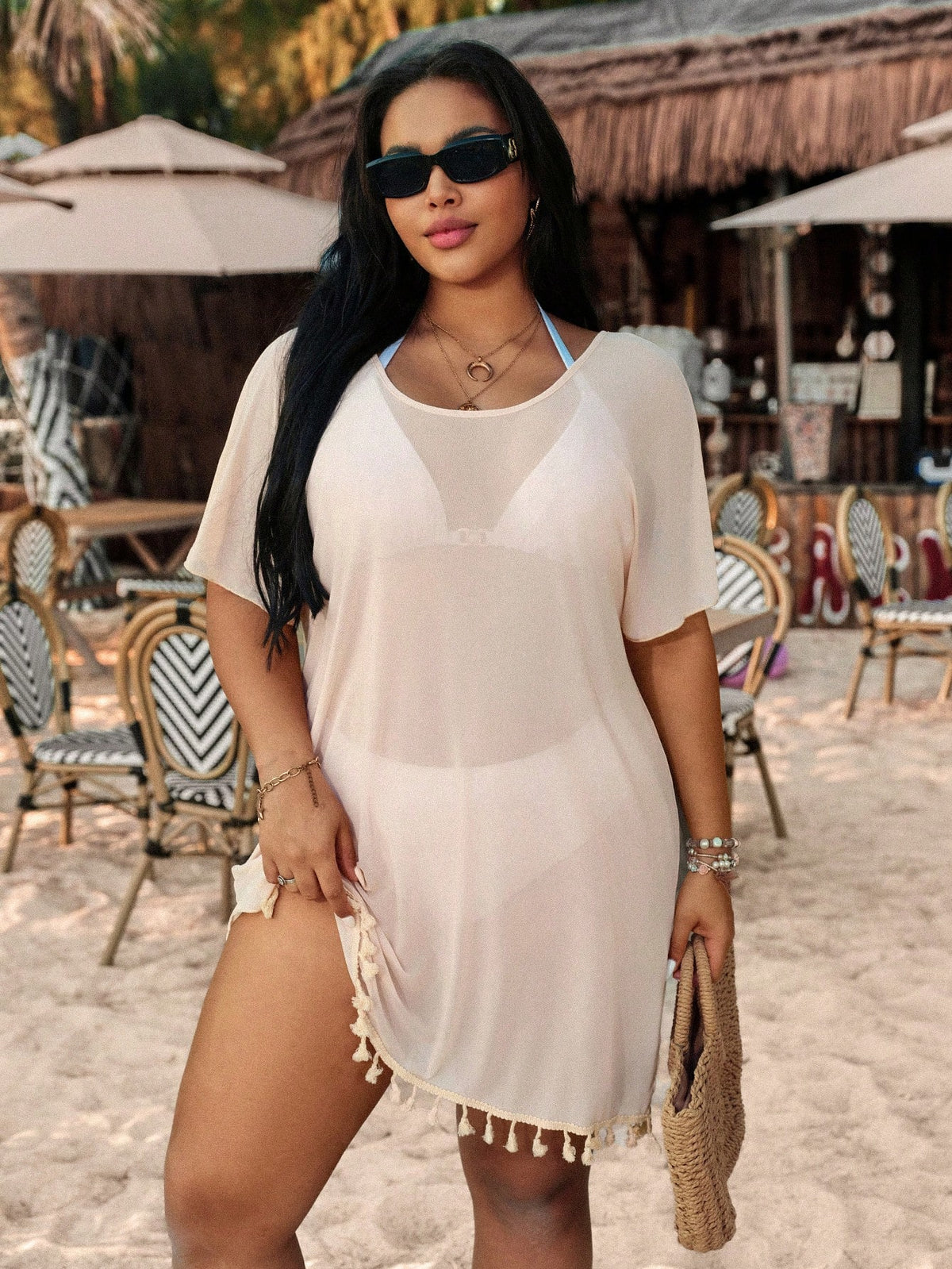 Swim Vcay Plus Size Beach Cover Up Kimono With Tassel Trim For Summer Beach Vacation