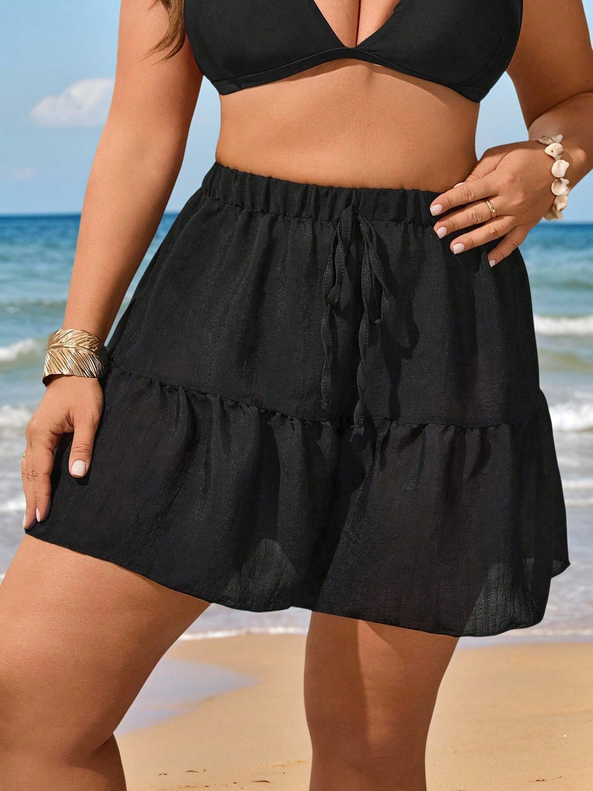 Swim Vcay Plus Size Loose Beach Cover Up Shorts Set, Tie Waist, Vacation Style