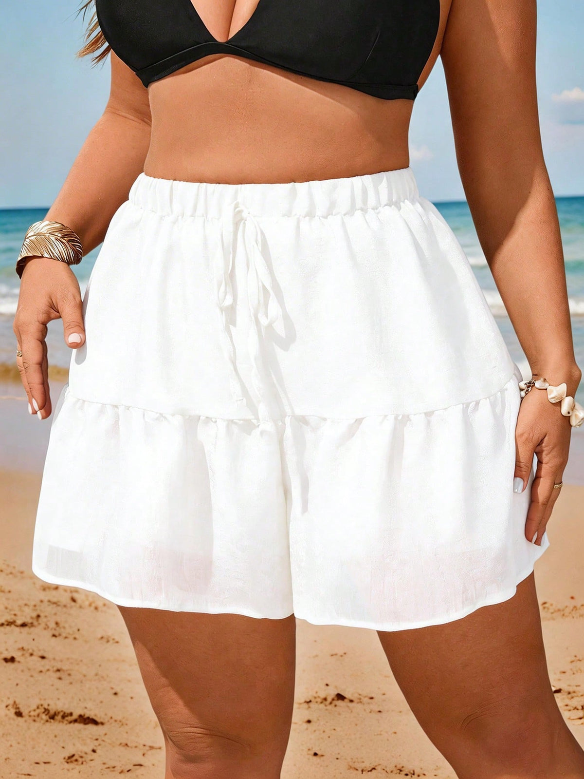 Swim Vcay Plus Size Loose Beach Cover Up Shorts Set, Tie Waist, Vacation Style