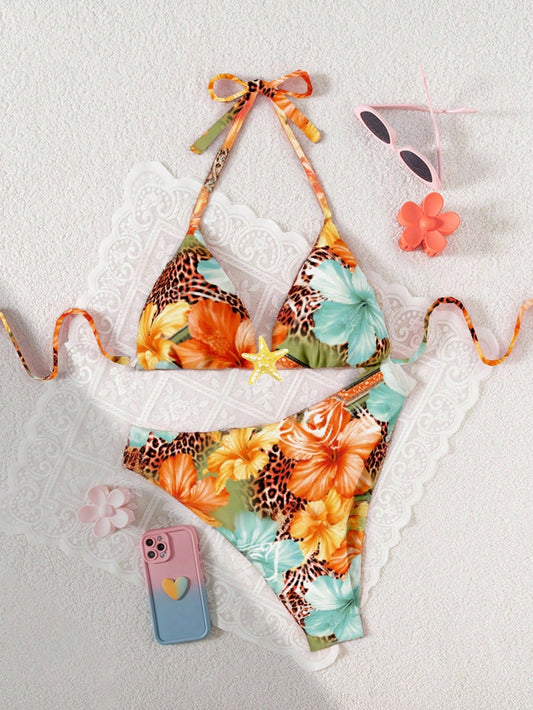 Swim Vcay Plus Size Women 2 Pieces Digital Print Tie Front Bikini Swimwear, Vacation Casual Beach Outfit For Summer