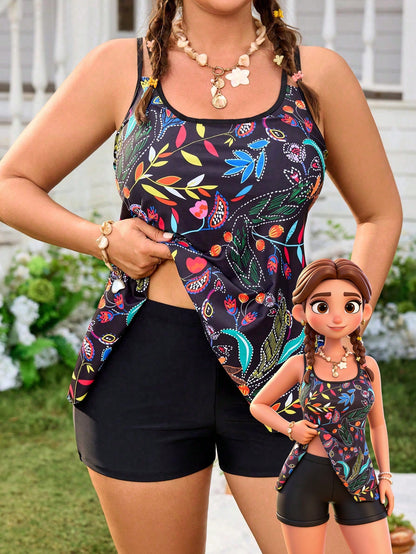 Swim Vcay Plus Size Women 2pcs Random Print Elegant Casual Tankini Swimwear