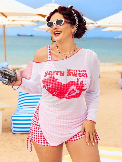 Swim Vcay Plus Size Women 3-Piece Red & White Plaid Bikini Set,Strawberry Print Long Sleeve Rash Guard,Drawstring Cover-Up,Summer Tropical Beach Holiday Outfit