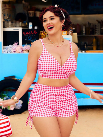 Swim Vcay Plus Size Women 3-Piece Red & White Plaid Bikini Set,Strawberry Print Long Sleeve Rash Guard,Drawstring Cover-Up,Summer Tropical Beach Holiday Outfit