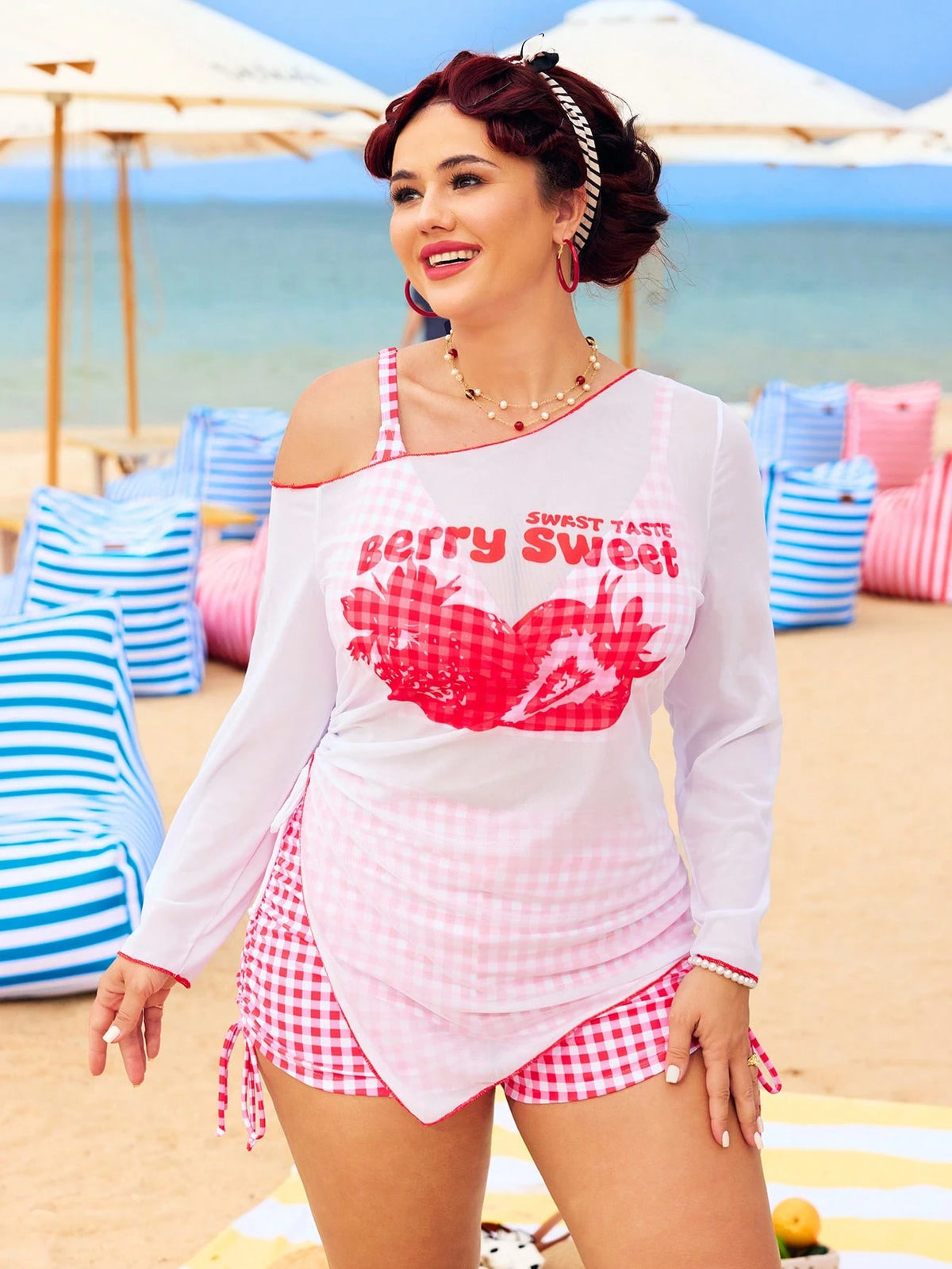 Swim Vcay Plus Size Women 3-Piece Red & White Plaid Bikini Set,Strawberry Print Long Sleeve Rash Guard,Drawstring Cover-Up,Summer Tropical Beach Holiday Outfit