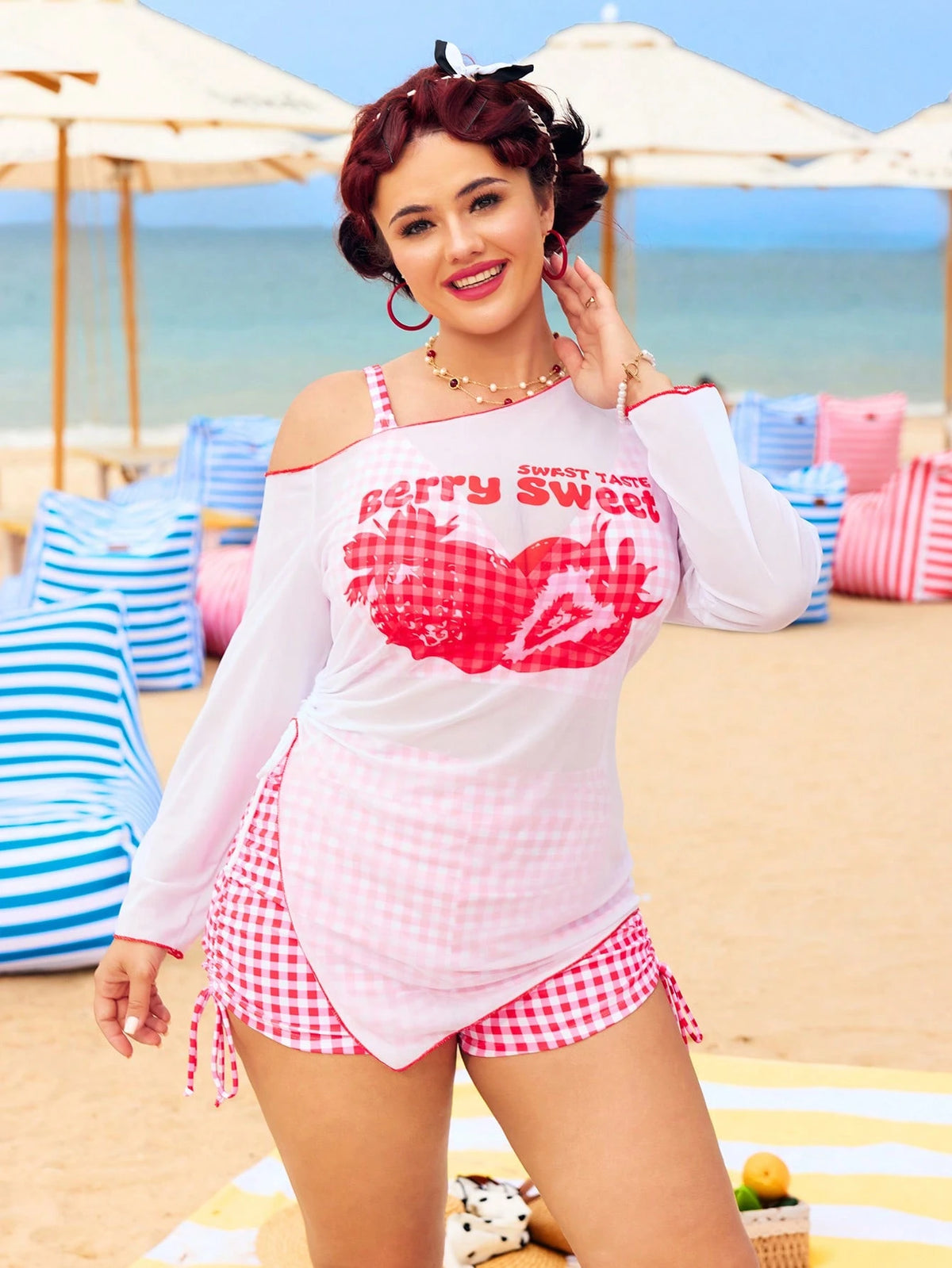 Swim Vcay Plus Size Women 3-Piece Red & White Plaid Bikini Set,Strawberry Print Long Sleeve Rash Guard,Drawstring Cover-Up,Summer Tropical Beach Holiday Outfit