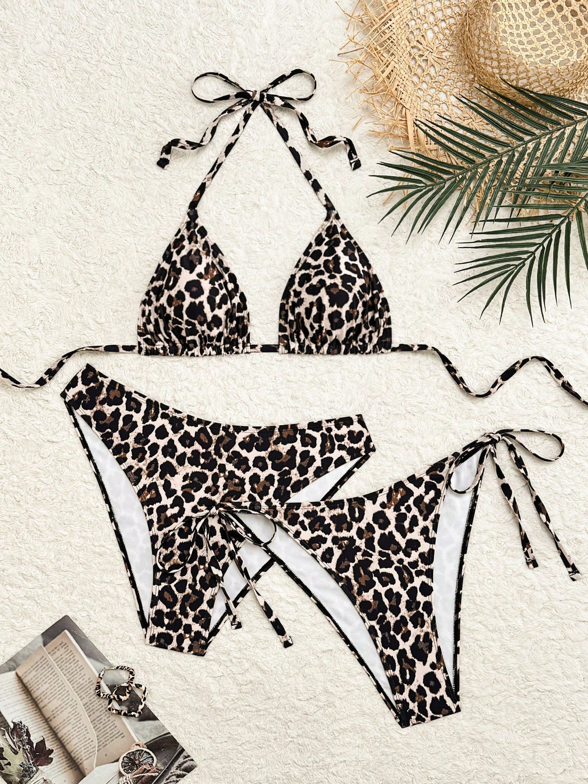 Swim Vcay Plus Size Women 3pcs Leopard Print Bikini Set, Fashionable Swimwear For Beach, Pool, Vacation, Beach Party Beige Summer Sexy