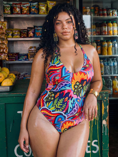 Swim Vcay Plus Size Women Floral & Leaf Print Beachwear One-Piece Swimsuit