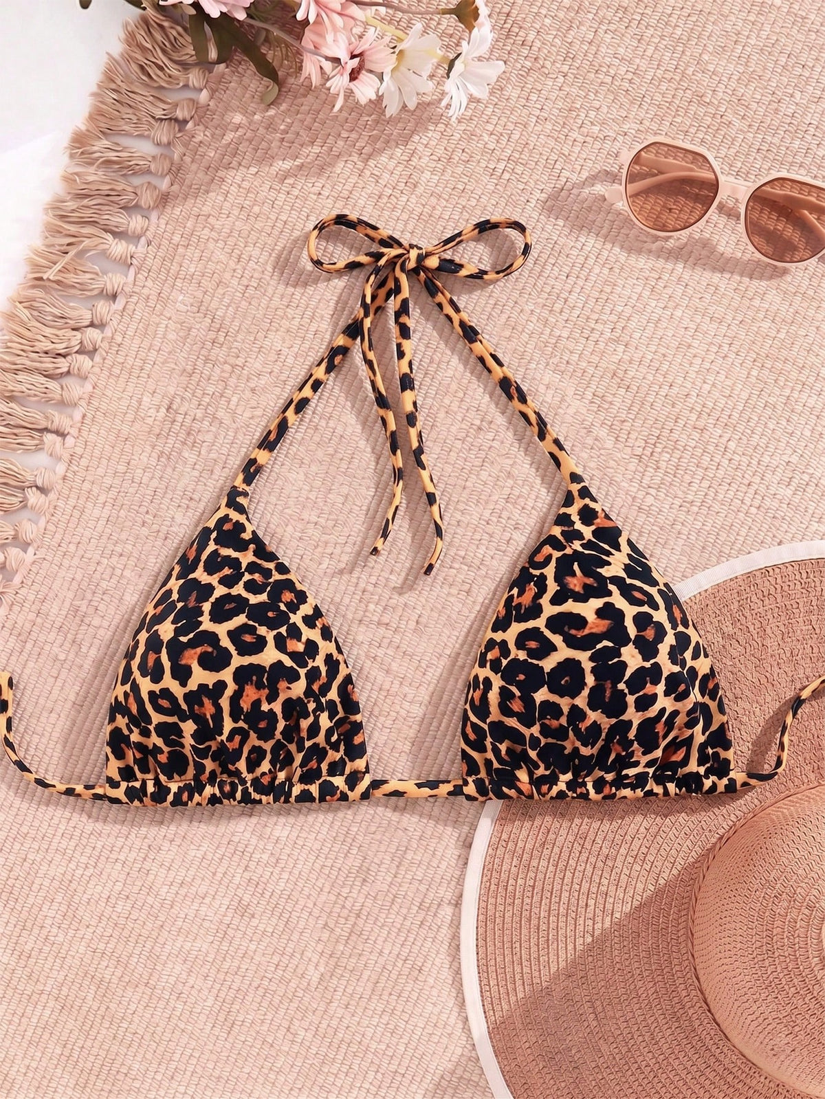 Swim Vcay Plus Size Women Summer Leopard Print Tie Front Sexy Bikini Top Beach Vacation Beige