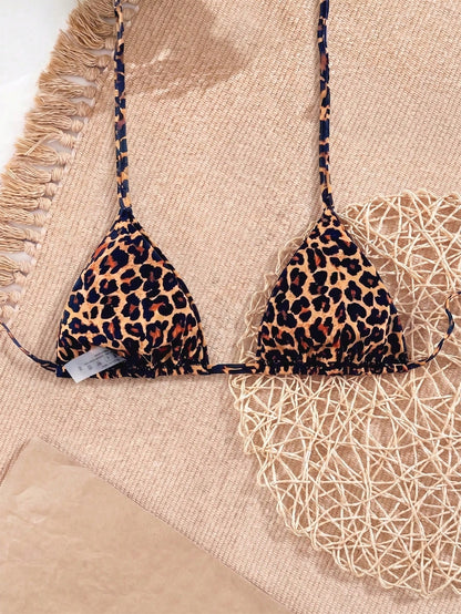 Swim Vcay Plus Size Women Summer Leopard Print Tie Front Sexy Bikini Top Beach Vacation Beige