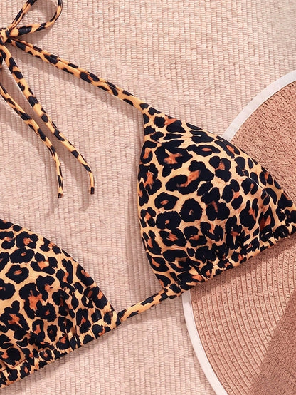 Swim Vcay Plus Size Women Summer Leopard Print Tie Front Sexy Bikini Top Beach Vacation Beige