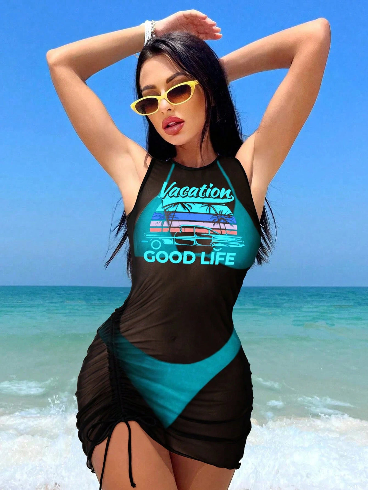 Swim Vcay Springbreak Women's Solid Color Tie Neck Sexy Bikini Set With Letter Print Sheer Cover Up Dress For Beach For Summer Beach Vacation
