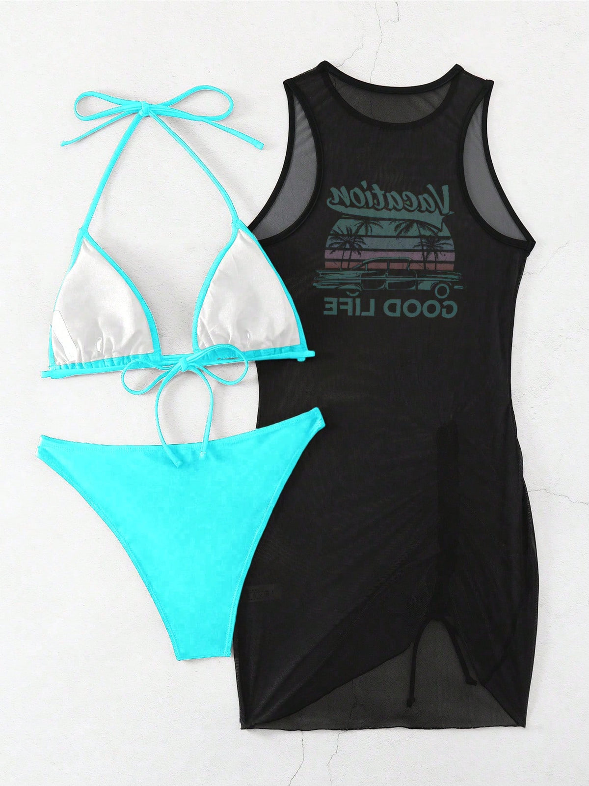 Swim Vcay Springbreak Women's Solid Color Tie Neck Sexy Bikini Set With Letter Print Sheer Cover Up Dress For Beach For Summer Beach Vacation