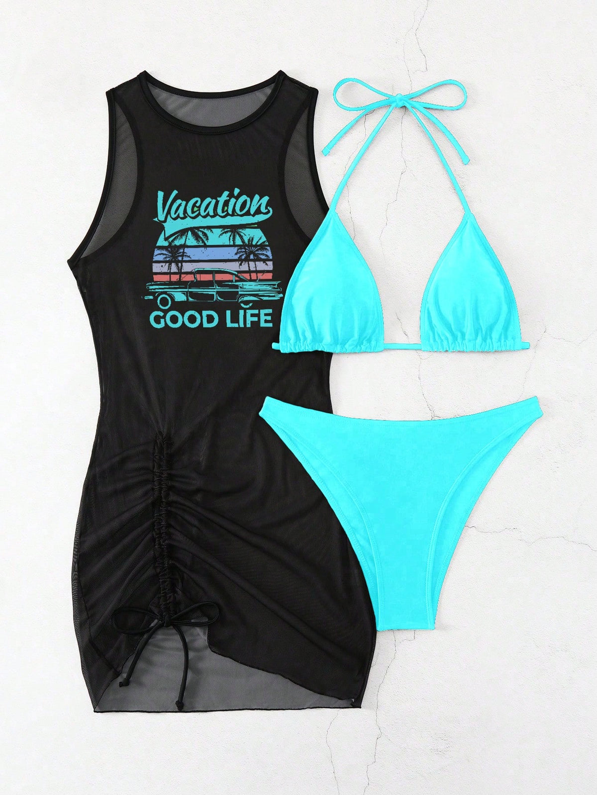 Swim Vcay Springbreak Women's Solid Color Tie Neck Sexy Bikini Set With Letter Print Sheer Cover Up Dress For Beach For Summer Beach Vacation