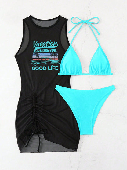 Swim Vcay Springbreak Women's Solid Color Tie Neck Sexy Bikini Set With Letter Print Sheer Cover Up Dress For Beach For Summer Beach Vacation