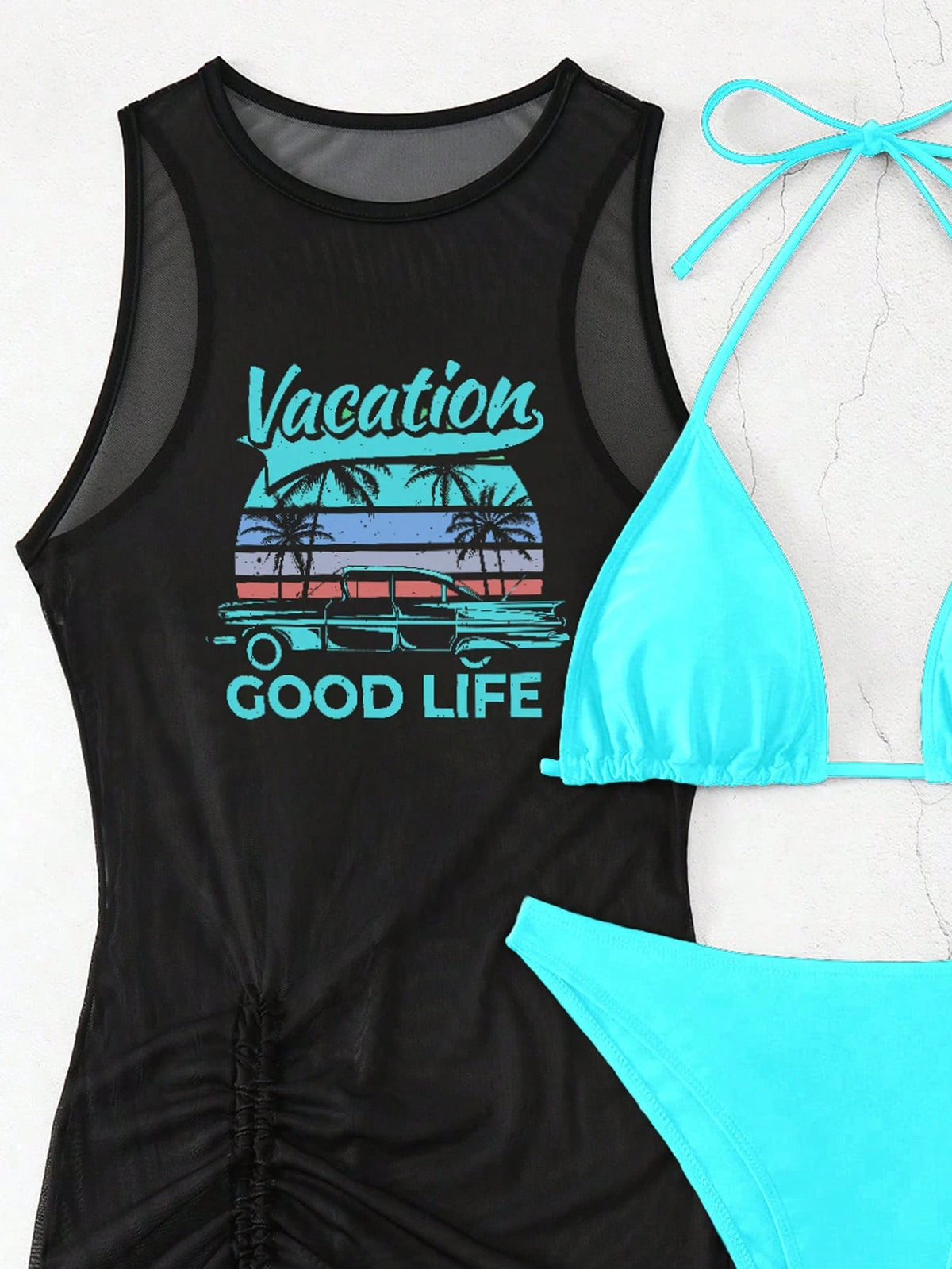 Swim Vcay Springbreak Women's Solid Color Tie Neck Sexy Bikini Set With Letter Print Sheer Cover Up Dress For Beach For Summer Beach Vacation
