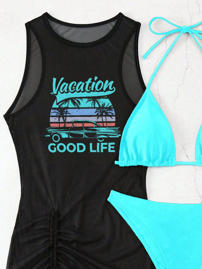 Swim Vcay Springbreak Women's Solid Color Tie Neck Sexy Bikini Set With Letter Print Sheer Cover Up Dress For Beach For Summer Beach Vacation