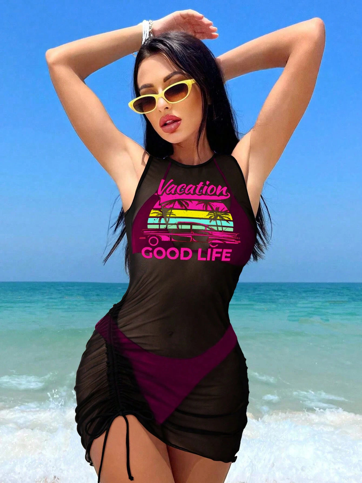 Swim Vcay Springbreak Women's Solid Color Tie Neck Sexy Bikini Set With Letter Print Sheer Cover Up Dress For Beach For Summer Beach Vacation