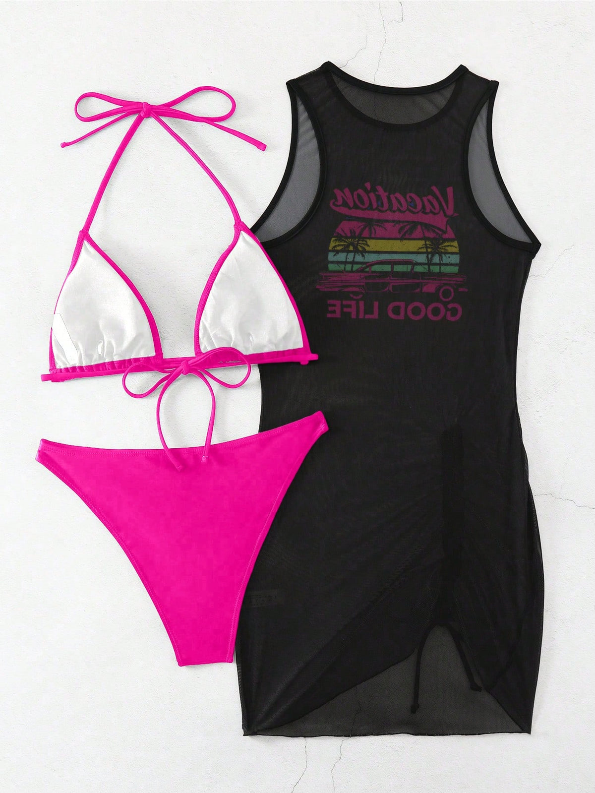 Swim Vcay Springbreak Women's Solid Color Tie Neck Sexy Bikini Set With Letter Print Sheer Cover Up Dress For Beach For Summer Beach Vacation