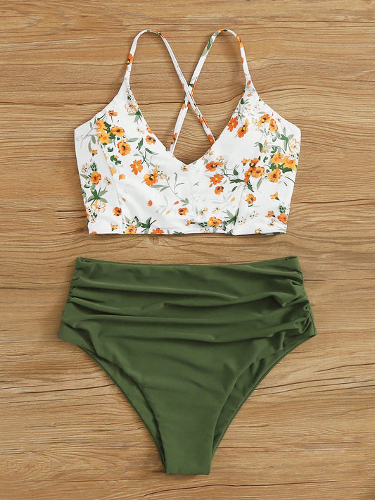 Swim Vcay Summer Beach Floral Print Ruched High Waisted Bikini Set