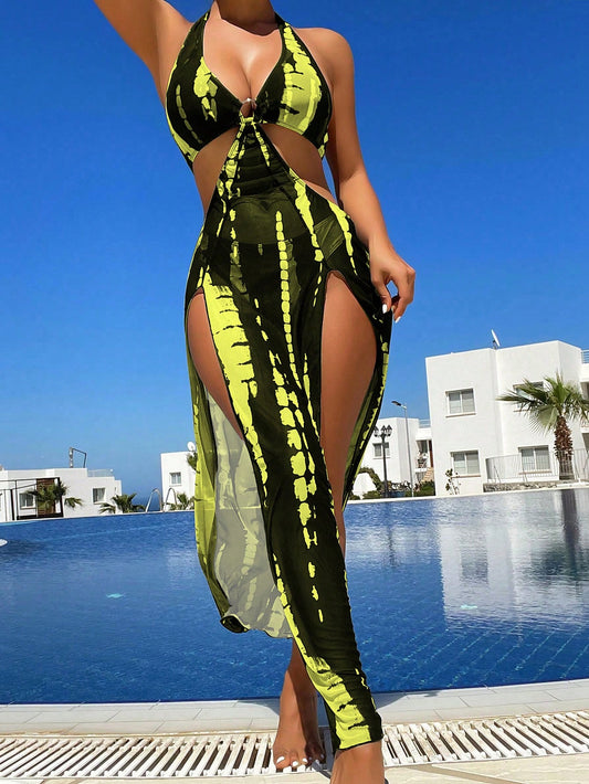 Swim Vcay Summer Beach Tie-Dye Metal Ring Cutout Backless Knot High Slit Bikini Set Beach Long Dressresort Wear Womenswimsuit Cover Up