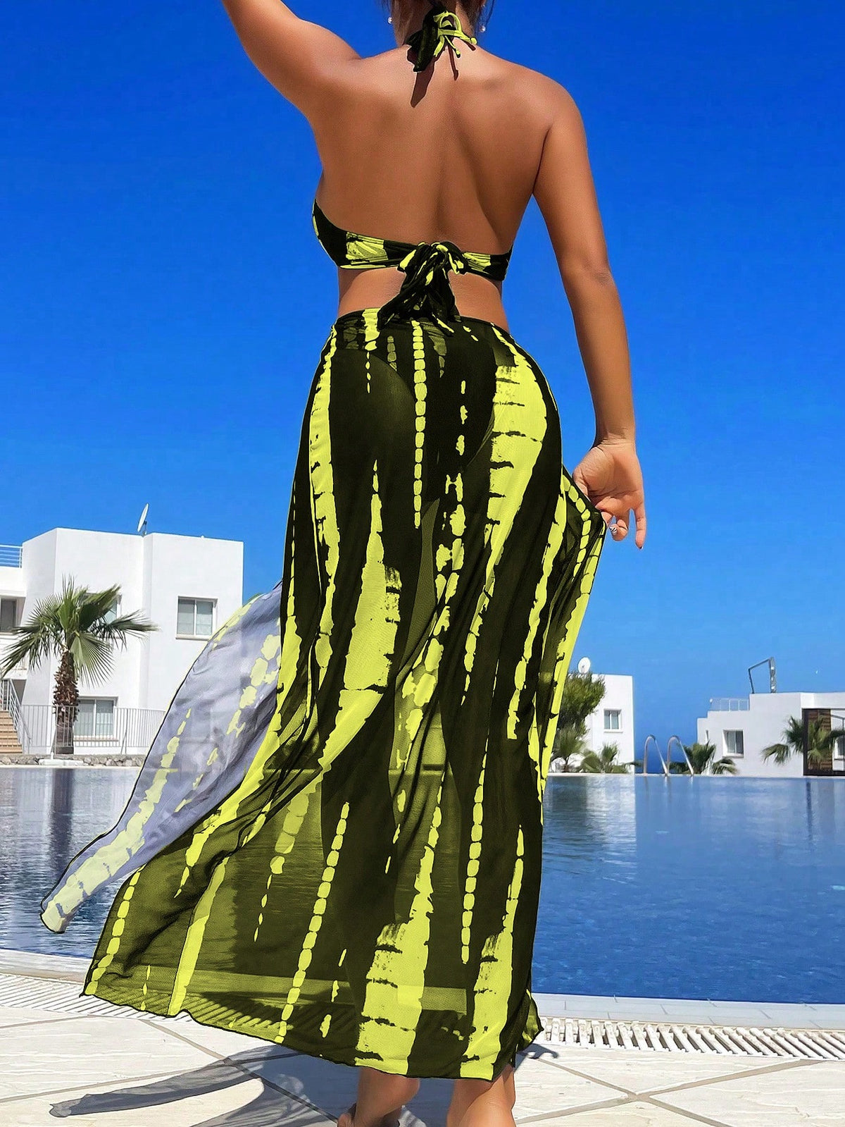 Swim Vcay Summer Beach Tie-Dye Metal Ring Cutout Backless Knot High Slit Bikini Set Beach Long Dressresort Wear Womenswimsuit Cover Up