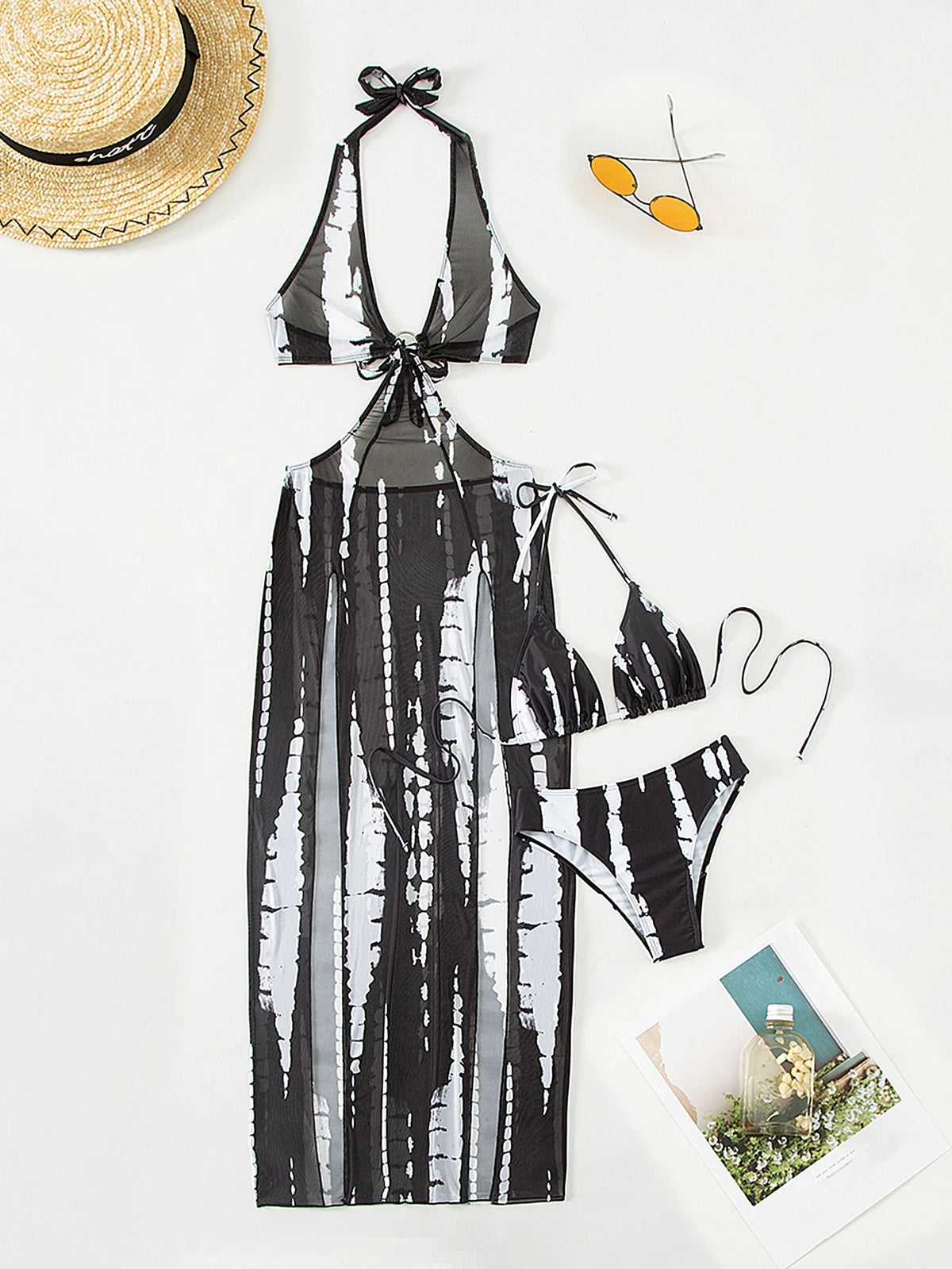 Swim Vcay Summer Beach Tie-Dye Metal Ring Cutout Backless Knot High Slit Bikini Set Beach Long Dressresort Wear Womenswimsuit Cover Up
