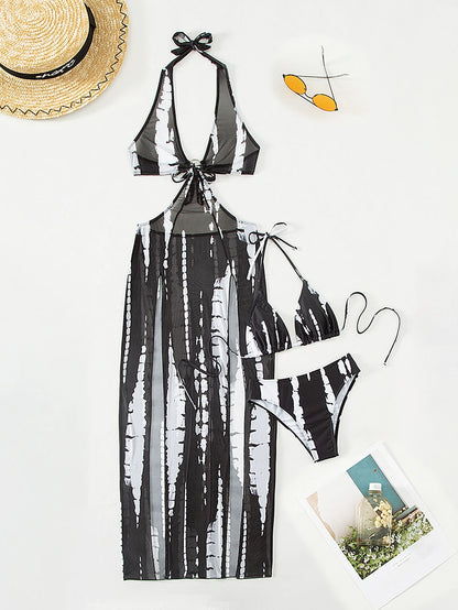 Swim Vcay Summer Beach Tie-Dye Metal Ring Cutout Backless Knot High Slit Bikini Set Beach Long Dressresort Wear Womenswimsuit Cover Up