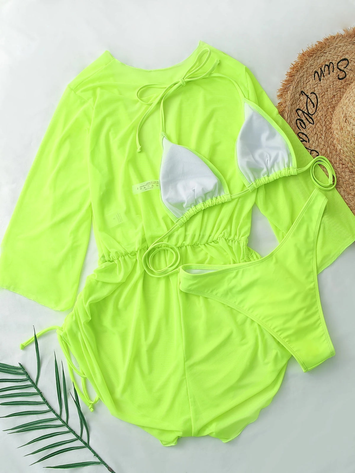 Swim Vcay Swim Suits For Women Summer Beach Sheer Mesh Bikini Set Halter Triangle Bra & Thong Bottom & Cover Up Dress 3 Piece Bathing Suit
