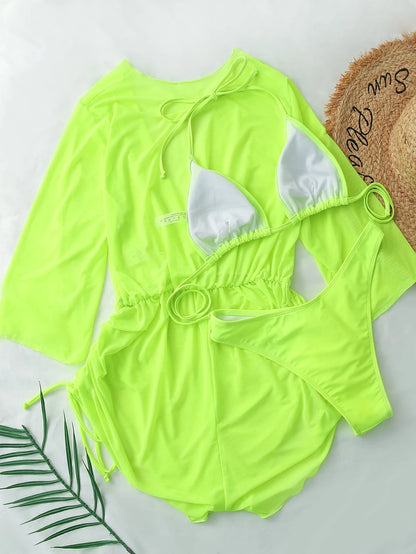 Swim Vcay Swim Suits For Women Summer Beach Sheer Mesh Bikini Set Halter Triangle Bra & Thong Bottom & Cover Up Dress 3 Piece Bathing Suit