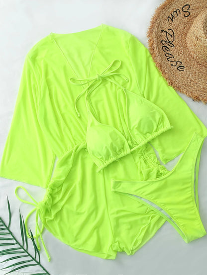 Swim Vcay Swim Suits For Women Summer Beach Sheer Mesh Bikini Set Halter Triangle Bra & Thong Bottom & Cover Up Dress 3 Piece Bathing Suit