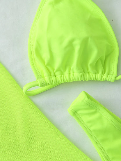 Swim Vcay Swim Suits For Women Summer Beach Sheer Mesh Bikini Set Halter Triangle Bra & Thong Bottom & Cover Up Dress 3 Piece Bathing Suit