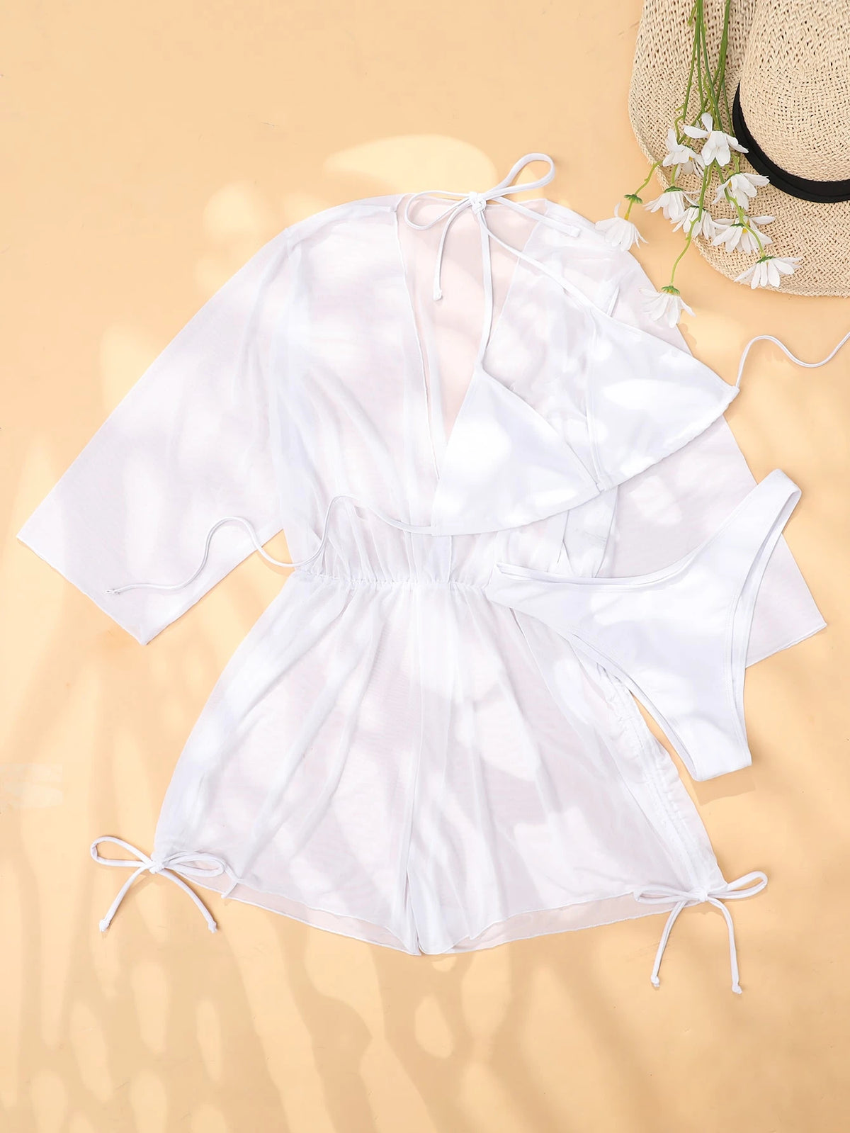 Swim Vcay Swim Suits For Women Summer Beach Sheer Mesh Bikini Set Halter Triangle Bra & Thong Bottom & Cover Up Dress 3 Piece Bathing Suit