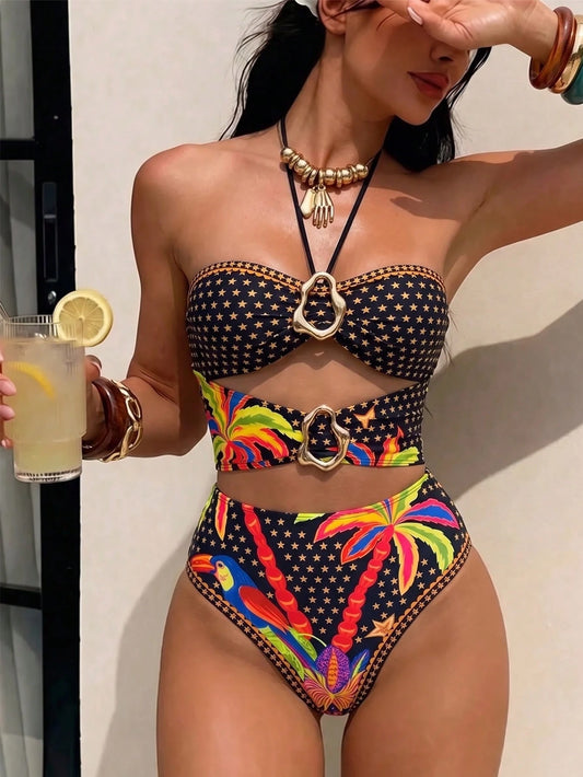Swim Vcay Vacation Print, Halter Neck, Waist Cutout, Solid Color Metal Trim, Sexy Retro, Vacation One-Piece