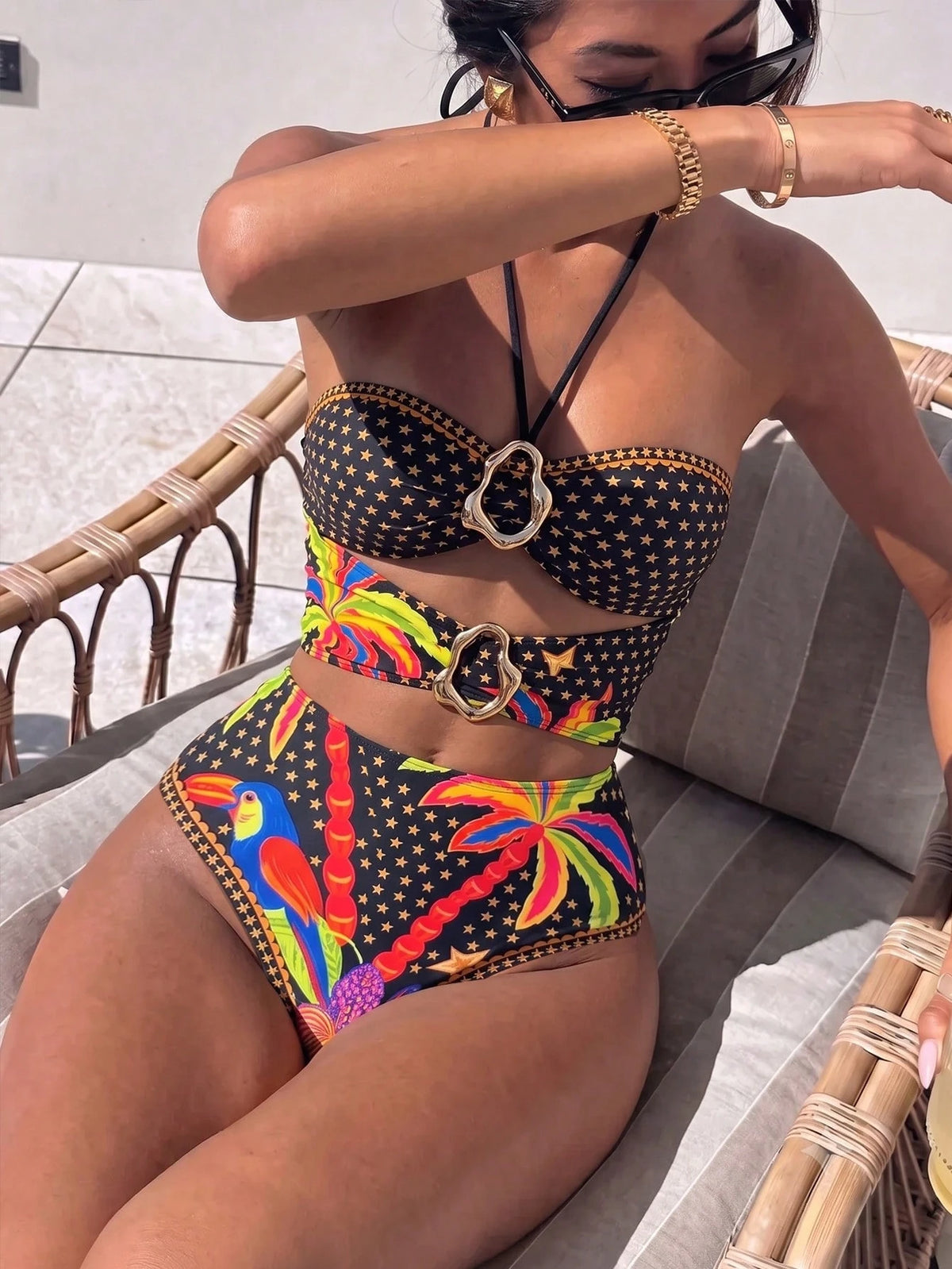 Swim Vcay Vacation Print, Halter Neck, Waist Cutout, Solid Color Metal Trim, Sexy Retro, Vacation One-Piece