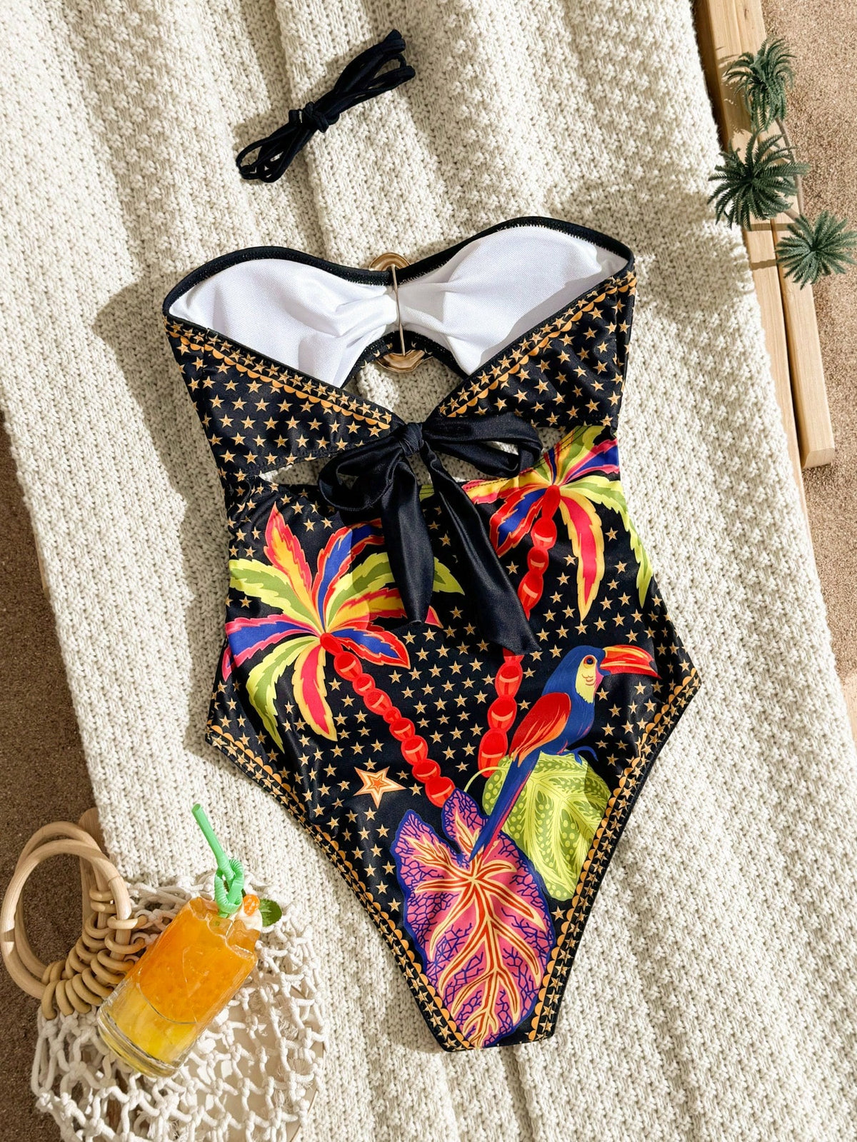 Swim Vcay Vacation Print, Halter Neck, Waist Cutout, Solid Color Metal Trim, Sexy Retro, Vacation One-Piece
