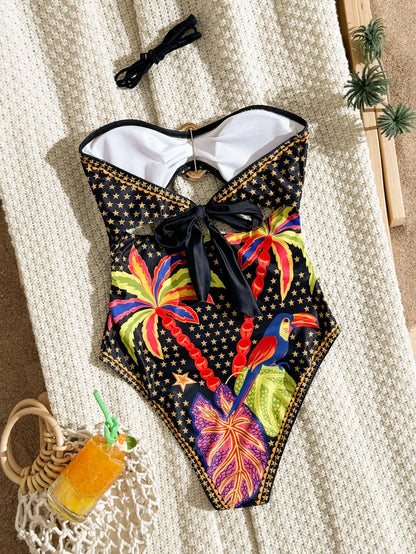 Swim Vcay Vacation Print, Halter Neck, Waist Cutout, Solid Color Metal Trim, Sexy Retro, Vacation One-Piece