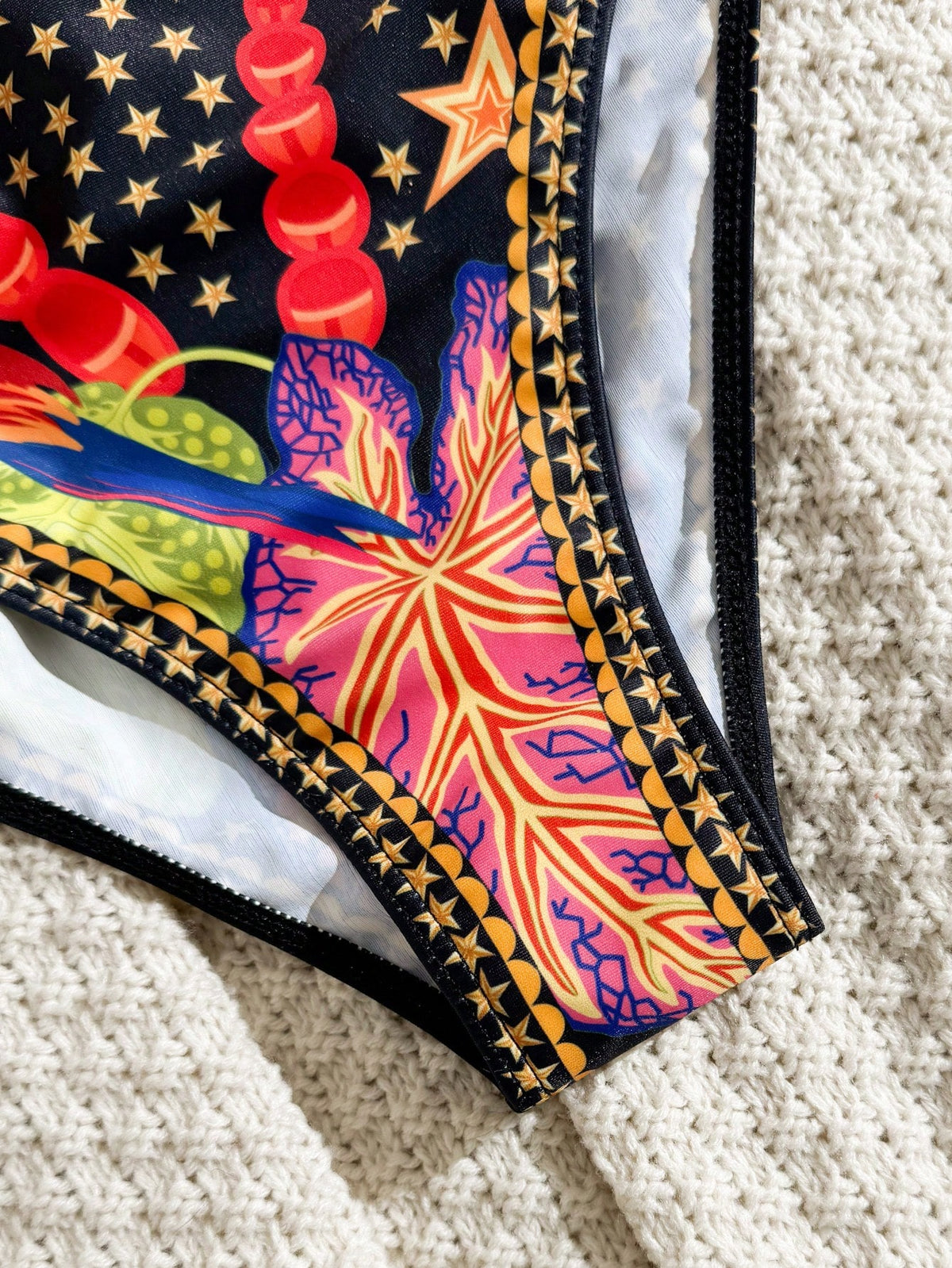 Swim Vcay Vacation Print, Halter Neck, Waist Cutout, Solid Color Metal Trim, Sexy Retro, Vacation One-Piece