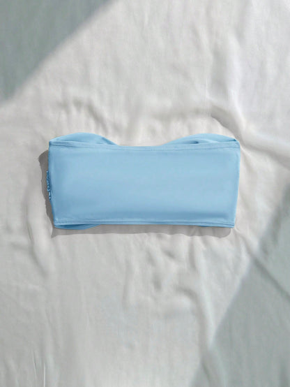 Swim Vcay Women's Baby Blue Twist Bandeau Bikini Top, Minimalist Modest Summer Swimwear, Beach Holiday, Boho Vacation Elegant Top, Cruise Island Road Trip