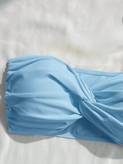 Swim Vcay Women's Baby Blue Twist Bandeau Bikini Top, Minimalist Modest Summer Swimwear, Beach Holiday, Boho Vacation Elegant Top, Cruise Island Road Trip