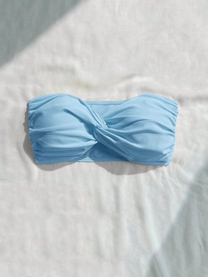 Swim Vcay Women's Baby Blue Twist Bandeau Bikini Top, Minimalist Modest Summer Swimwear, Beach Holiday, Boho Vacation Elegant Top, Cruise Island Road Trip