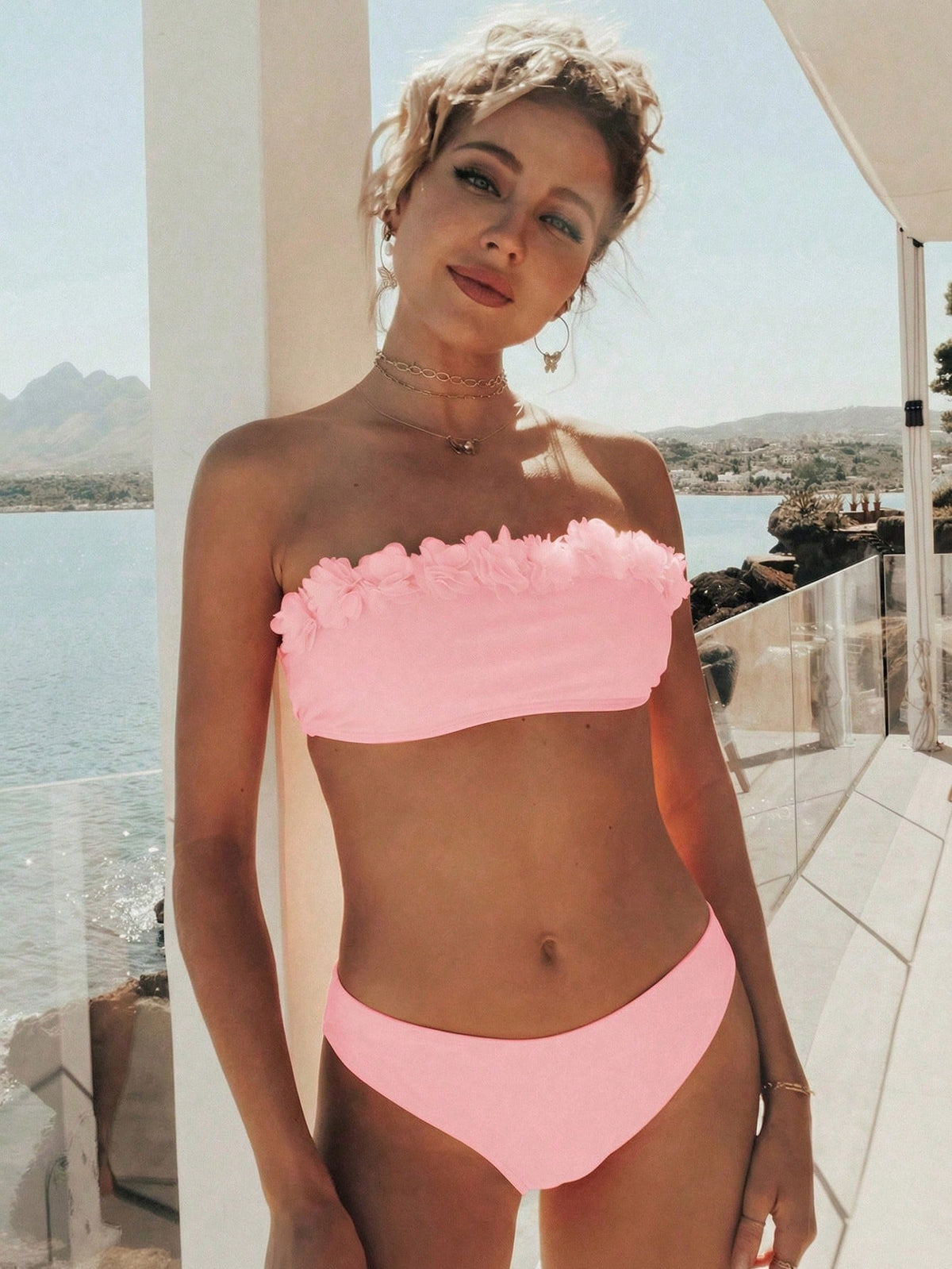 Swim Vcay Women's Solid Color Applique Bandeau Bikini Set, Suitable For Summer Vacation & Pool Strapless Bikini Set