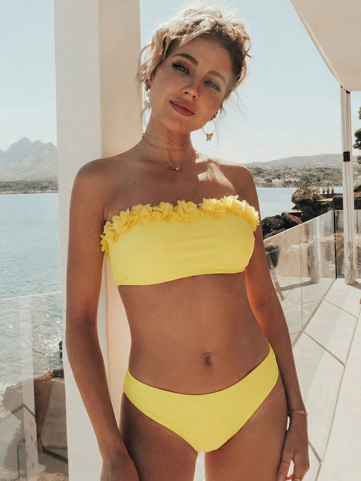 Swim Vcay Women's Solid Color Applique Bandeau Bikini Set, Suitable For Summer Vacation & Pool Strapless Bikini Set