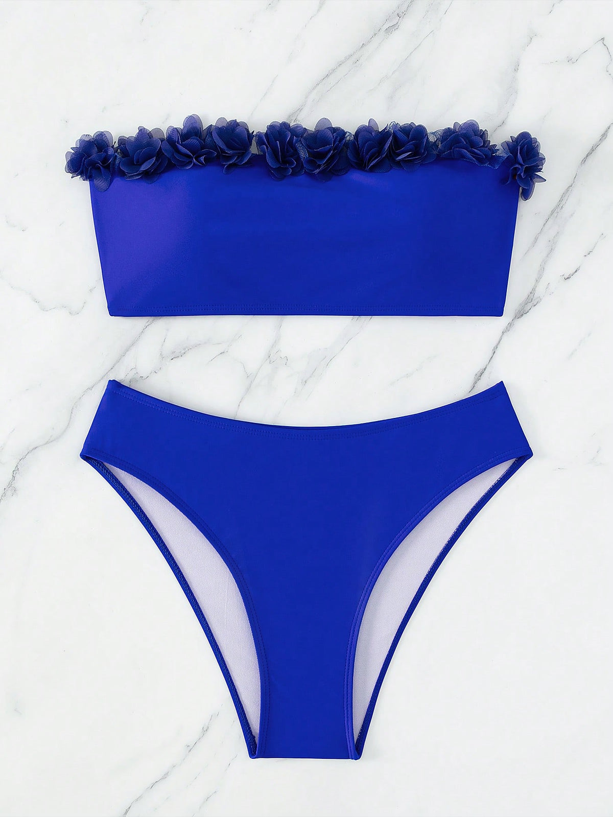 Swim Vcay Women's Solid Color Applique Bandeau Bikini Set, Suitable For Summer Vacation & Pool Strapless Bikini Set